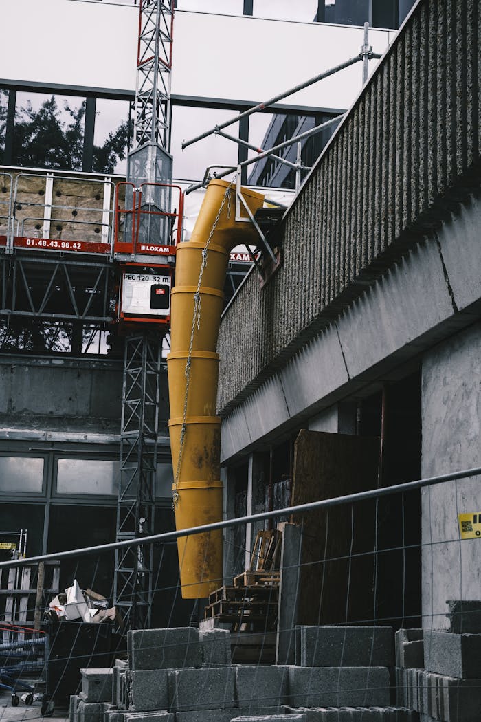 services-01 View of a construction site with scaffolding and concrete materials.