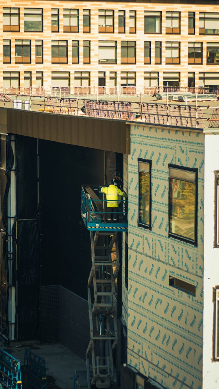 Construction worker on a platform at a high-rise site in Wakefield.